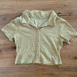 Frankie’s Bikinis Rainbow Striped Button Crop Top